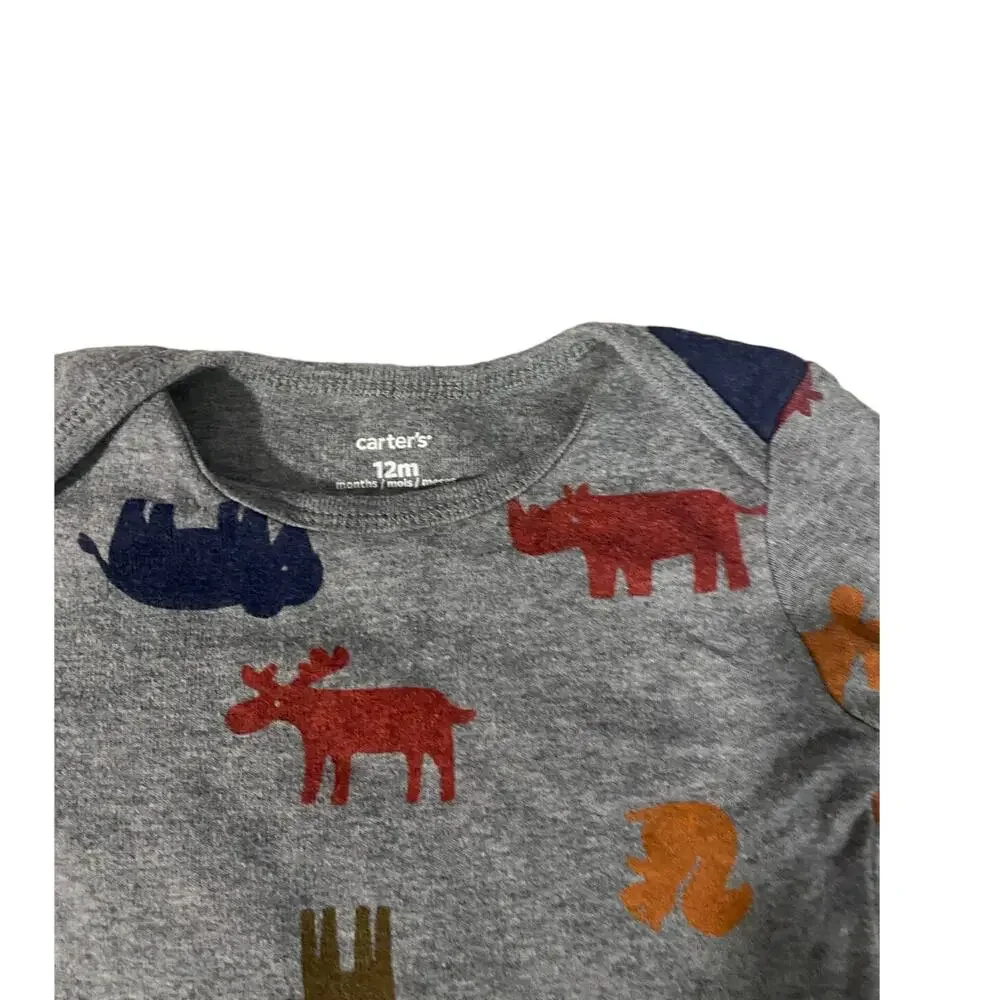 Carter's Gray Multi Color Animal Long Sleeve One Piece Boys Baby Sz 12M